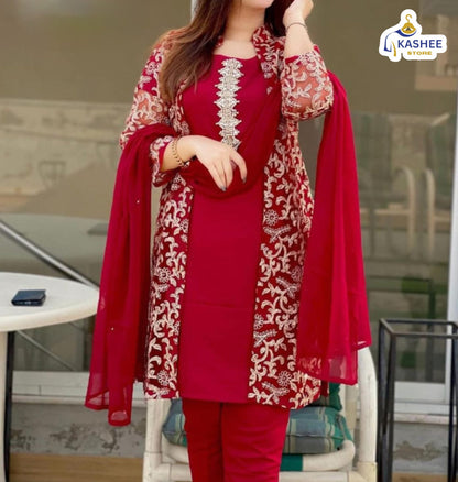 . "4Pc Embroidered Organza Gown Set | Inner, Trouser & Dupatta"