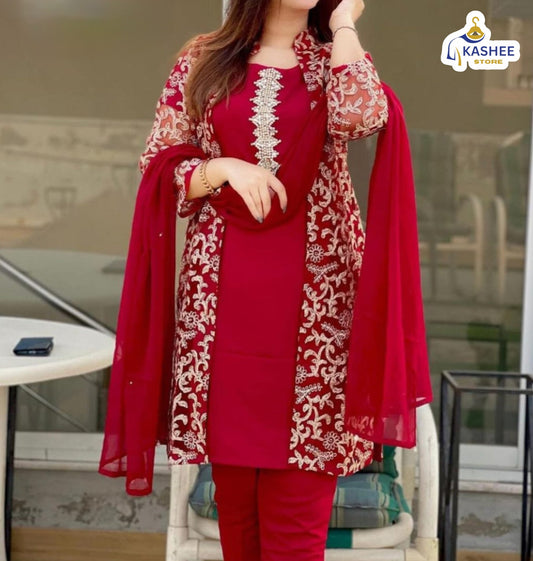 . "4Pc Embroidered Organza Gown Set | Inner, Trouser & Dupatta"
