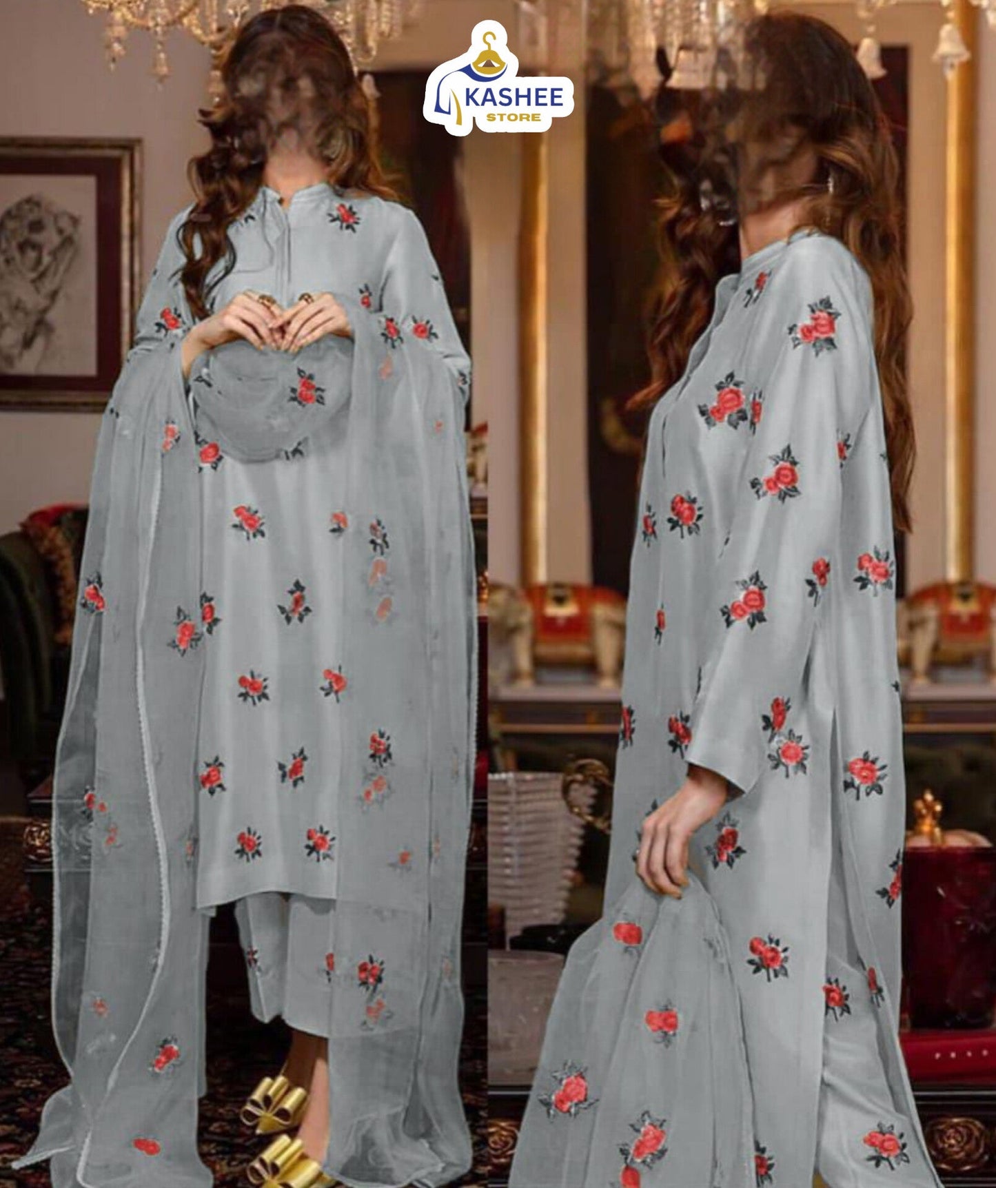 Rose Embroidered 3pc Suit – Shamose Silk with Organza Dupatta "