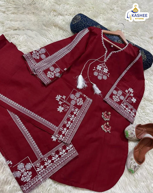 "2Pc Pure Bareeza Cotton Suit | Aari Embroidered Shirt with Flapper"