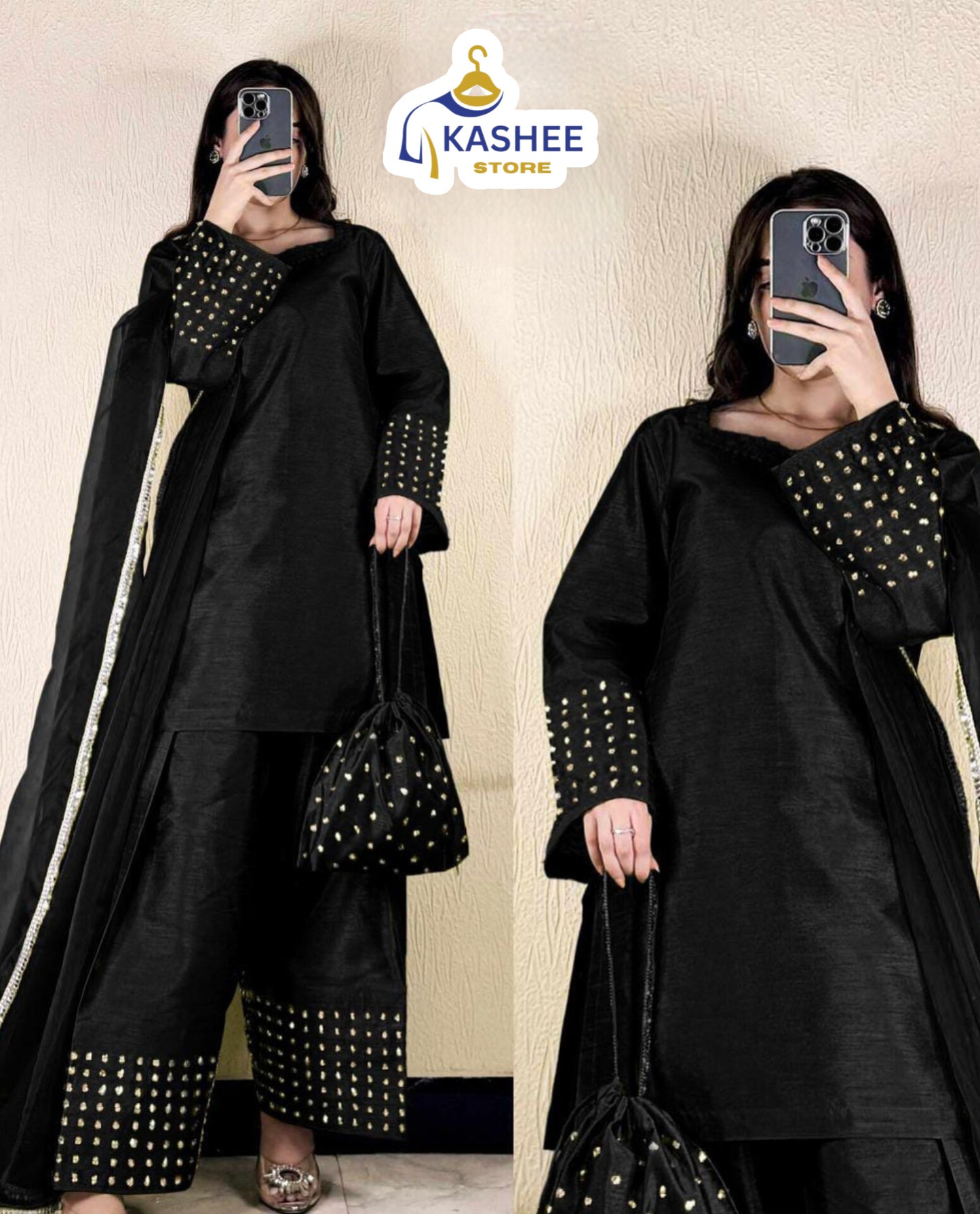 4-Piece Farshi Shalwar Kameez Set with Potli – Shamose Silk & Organza