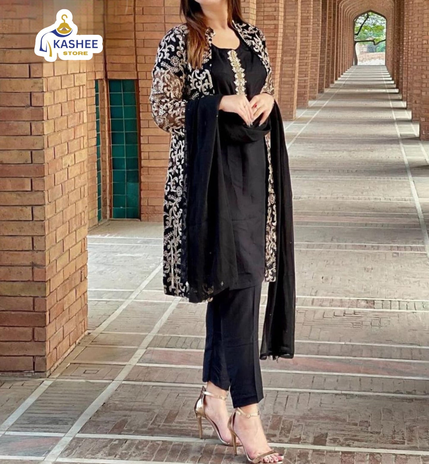 . "4Pc Embroidered Organza Gown Set | Inner, Trouser & Dupatta"
