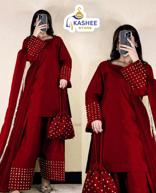 4-Piece Farshi Shalwar Kameez Set with Potli – Shamose Silk & Organza